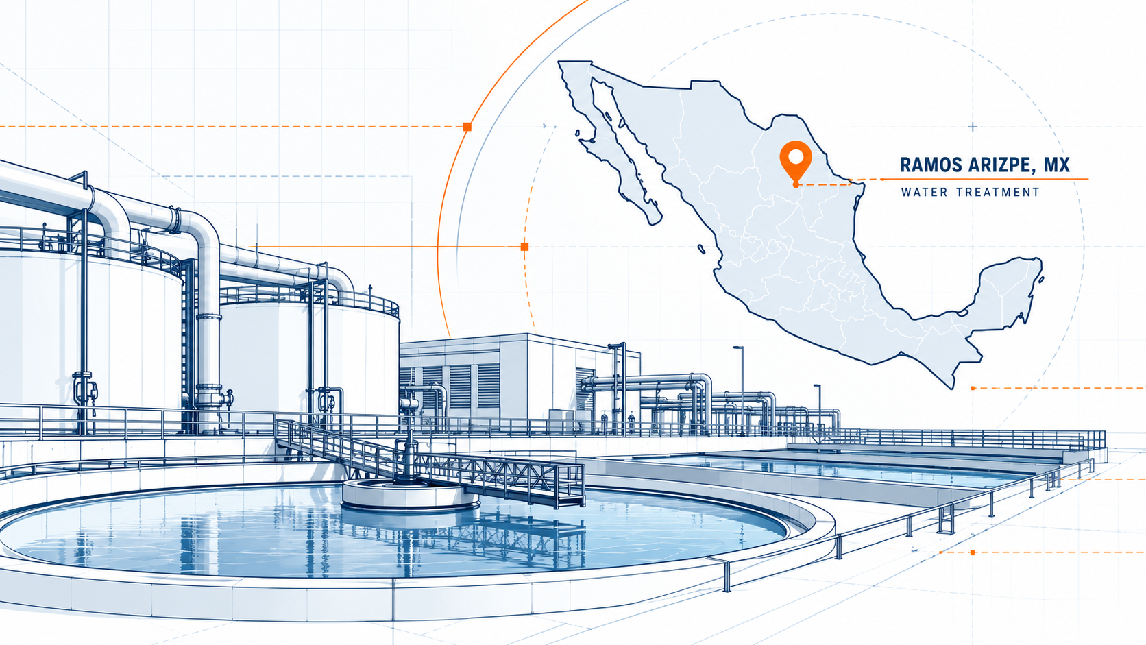Illustrated wastewater treatment facility in Ramos Arizpe, Mexico