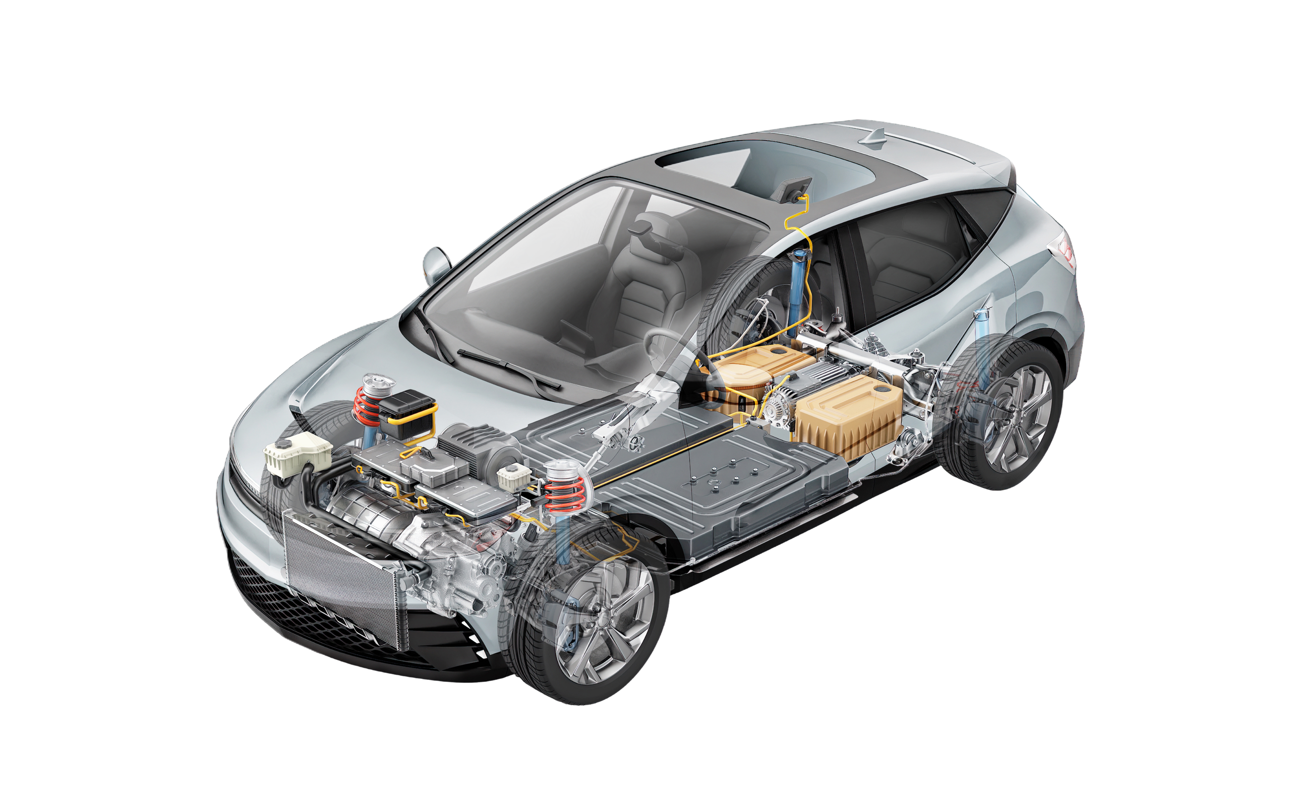 Cutaway of an electric vehicle showing its battery and drivetrain