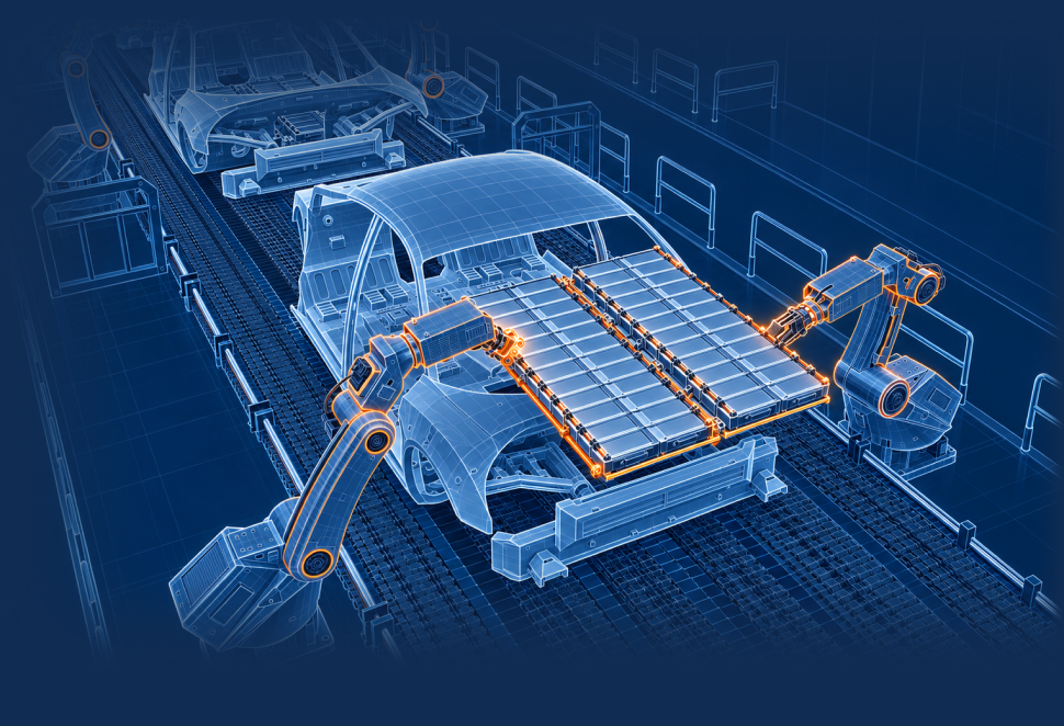 Blueprint illustration of robotic battery installation on an electric vehicle production line