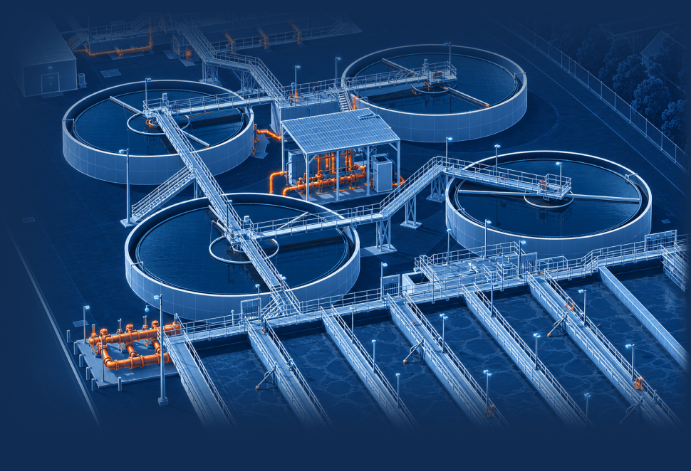 Illustrated wastewater treatment tanks and piping at GM Ramos