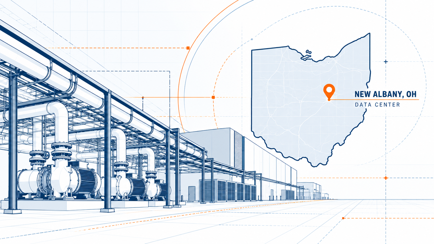 Illustration of the AWS CMH220 data center and its New Albany, Ohio location