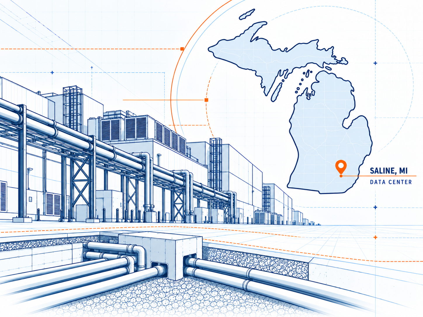 Illustration of Project Barn's data center and its Saline, Michigan location