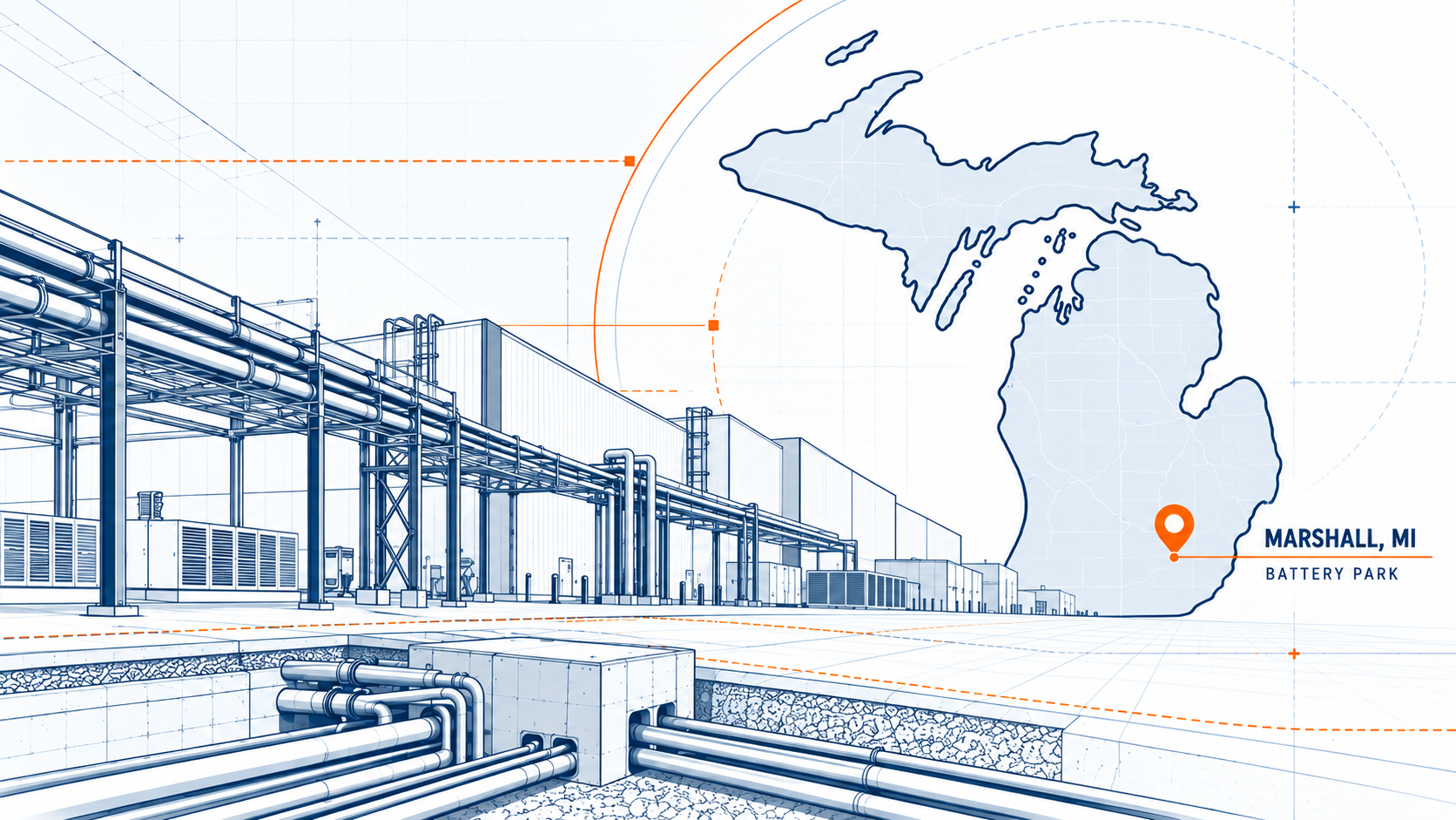 Illustration of Ford BlueOval Battery Park and its Marshall, Michigan location