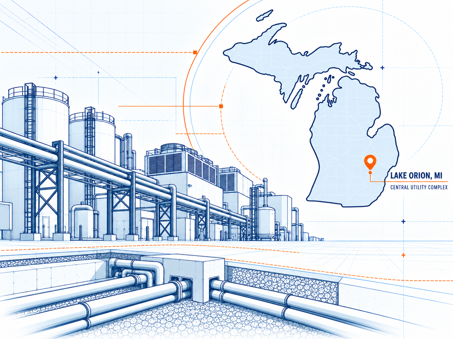 Illustration of the Lake Orion central utility complex and its Michigan location