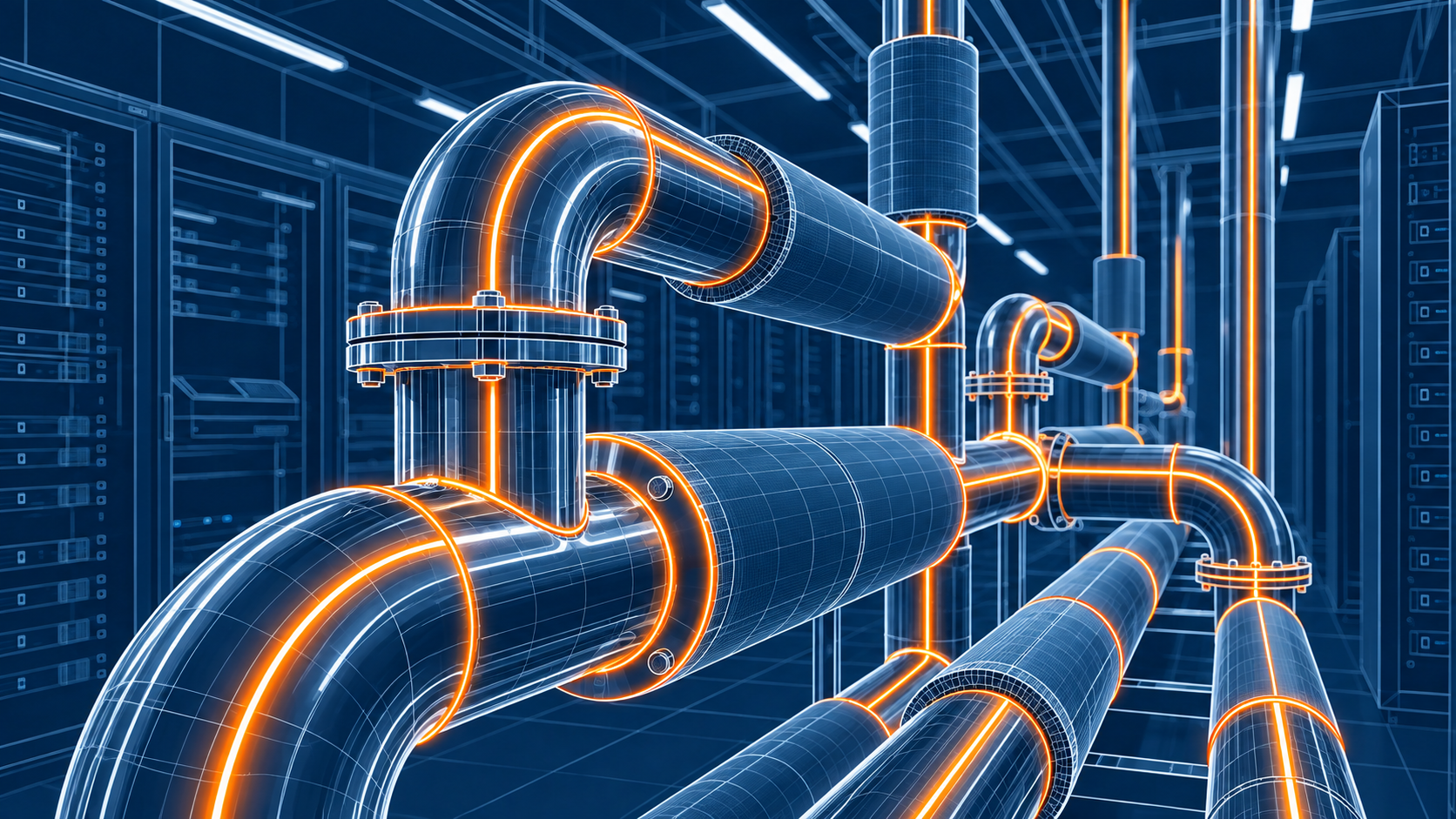 Illustrated piping systems inside a hyperscale data center
